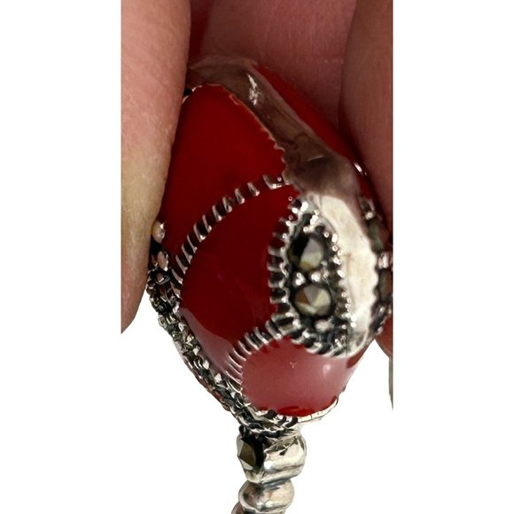 Women’s Pendant Red Enamel Purse Sterling Silver 925 Vintage Marcasite Stones - Picture 5 of 15